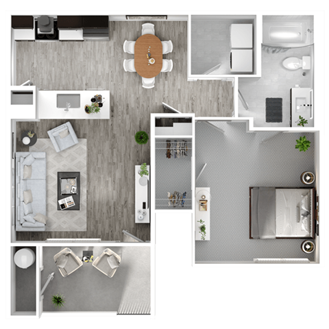 Floor plan for 1 bed, 1 bath, 836 sqft
